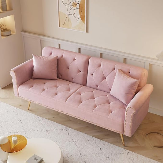 Convertible Futon Sofa Bed , Adjustable Sleeper Couch Modern Velvet Tufted Recliner Reversible Loveseat Folding Daybed Guest Bed Sofacama w/ Nailhead Trim and Golden Metal Legs for Living Room Office
