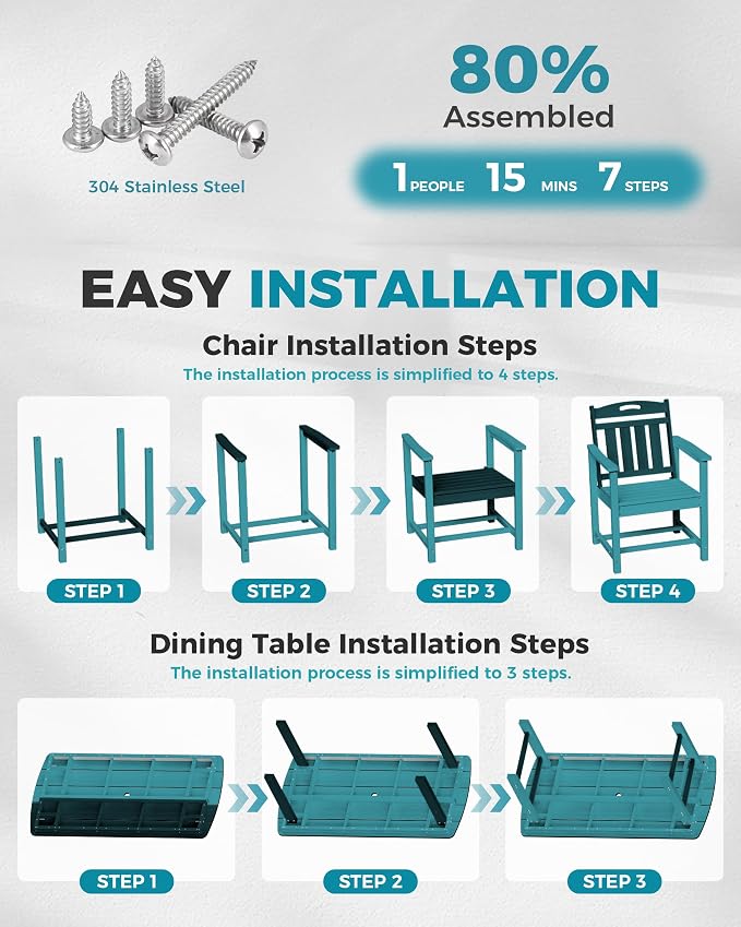 Ciokea HDPE Outdoor Dining Set, 7-Piece Patio Table and Chairs Set with Umbrella Hole, All-Weather Patio Dining Sets for 6, Durable Patio Furniture for Backyard, Garden, Lawn & Poolside, Lake Blue - Image 6