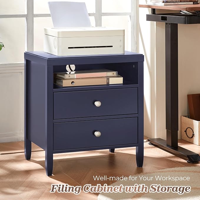 Huuger Blue Nightstand Set of 2, Night Stand with Charger Station, Bedside Table with 2 Drawers, Bed Side Tables for Bedroom, Modern Nightstands, Metal Knobs, Painted Surface - Image 6