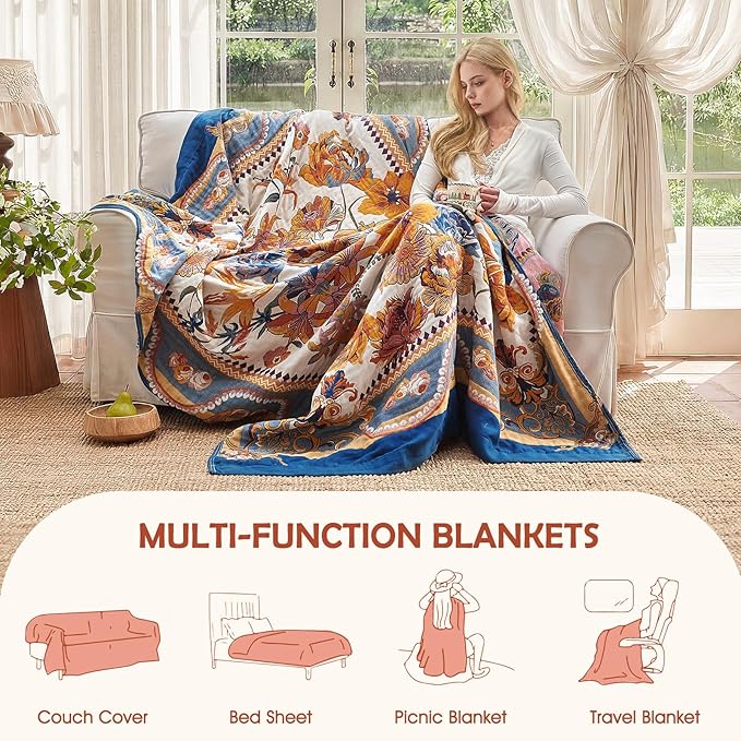 Boho Throw Blanket - 50"x60" 100% Cotton Ultra Soft Lightweight Spring Blanket, 4-Layer Breathable Muslin Blankets for Bed Couch, Reversible Yellow Floral Printed Bohemian Cotton Quilt