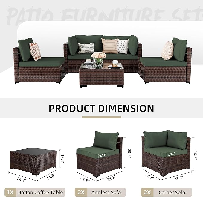 UPHA 5 Pieces Patio Furniture Sets, Wicker Outdoor Sectional Sofa Couch with Coffee Table, Patio Conversation Set for Deck Backyard Garden, Brown Rattan, Pine Green Cushion