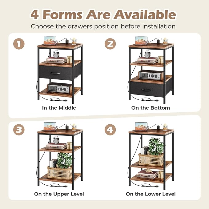 SUPERJARE Night Stand with Charger Station, 27.7 Inch Tall Nightstand with Adjustable Fabric Drawer, Bed Side Table, Fabric Drawer Dresser for Bedroom, Living Room, Rustic Brown and Black - Image 6