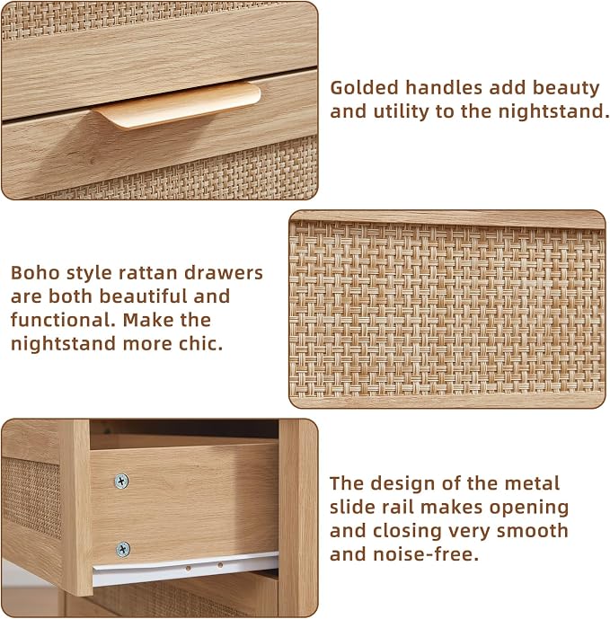 LEYAOYAO 31.5" Wide Rattan Night Stands Set 2, Oversized Large Boho Nightstand with 2 Drawer, Natural Wood Bed Side End Tables with Storage Shelf, Tall Bedside Table for Bedroom Living Room, Hallway - Image 4