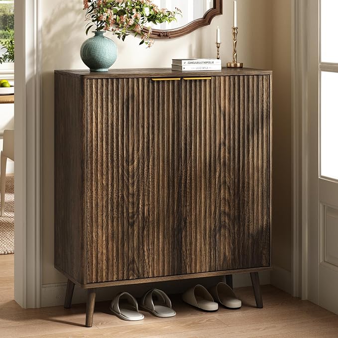 Fluted Shoe Cabinet with Doors, 5-Tier Shoe Storage Cabinet with Adjustable Shelves, Wooden Freestanding Shoe Organizer Shoe Cabinet for Entryway,Hallway,Living Room,Walnut by Provideyouwithbestproduct%EF%BC%81