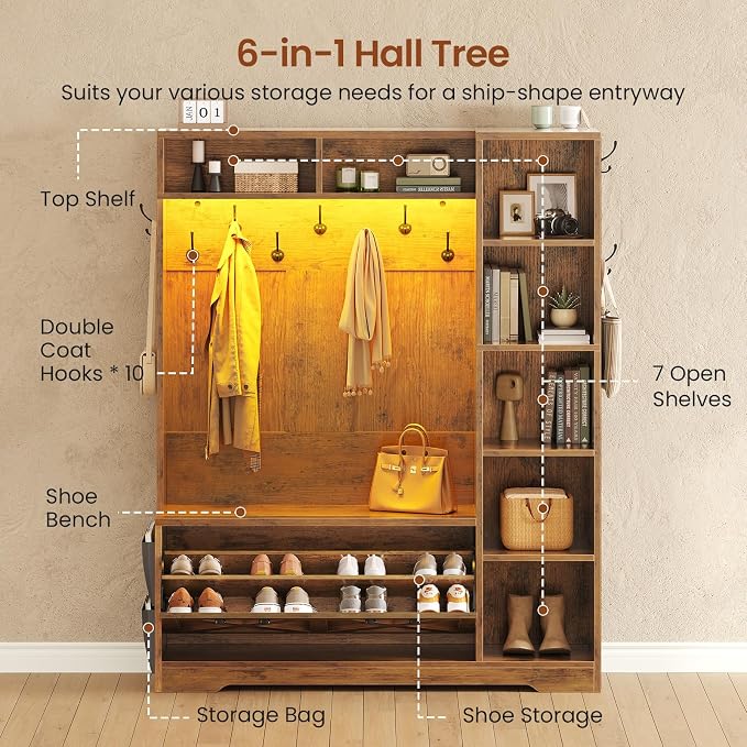 Itaar Hall Tree with Bench and Shoe Storage, Farmhouse Entryway Bench with Coat Rack, Shoe Cabinet with Flip Drawers, 7 Shelves, 10 Coat Hooks, Storage Bag, Led Lights, Rustic Brown - Image 3
