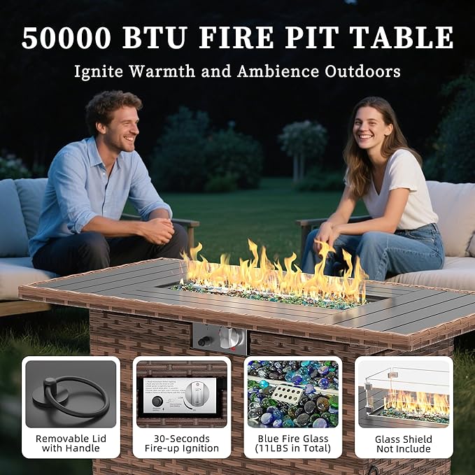 UDPATIO Patio Furniture Set with Fire Pit Table, Rocking Swivel Chairs, 6 Pieces Outdoor Conversation Sets, All-Weather Wicker Outdoor Sectional Sofa with Waterproof Cover, 4'' Thickened Cushion
