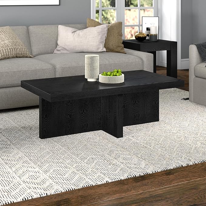 Henn&Hart 44" Fluted Rectangular Wood Pedestal Low-Profile Coffee Table with Ribbed Pedestal Base for Living Room, Family Room or Office, Natural Black