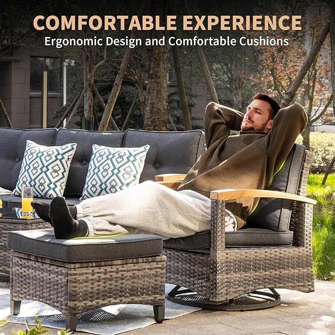 MEISSALIVVE 7 Pieces Patio Furniture Sets, PE Wicker Outdoor Conversation Sets with 2 Wood Armrests Swivel Rocker Chairs, 2 Ottomans, 3-seat Sofa and Dining Table (Grey)