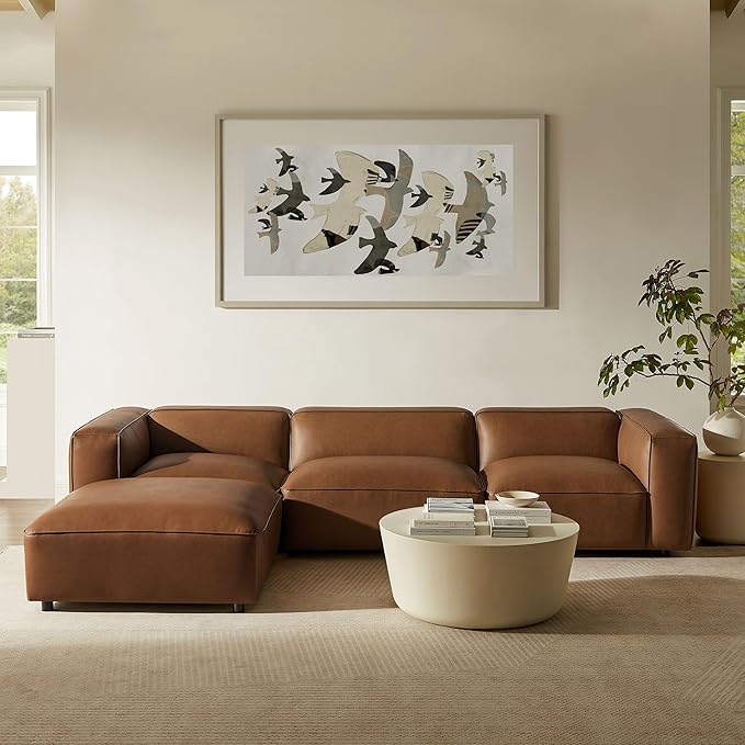 Modway Auren Vegan Leather 4 Piece Modular Sofa in Coffee - Faux Leather 3 Seater Sectional - Comfy Modern PU Leather Sofa with Ottoman - Oversized Mid Century Modern Couch for Living Room