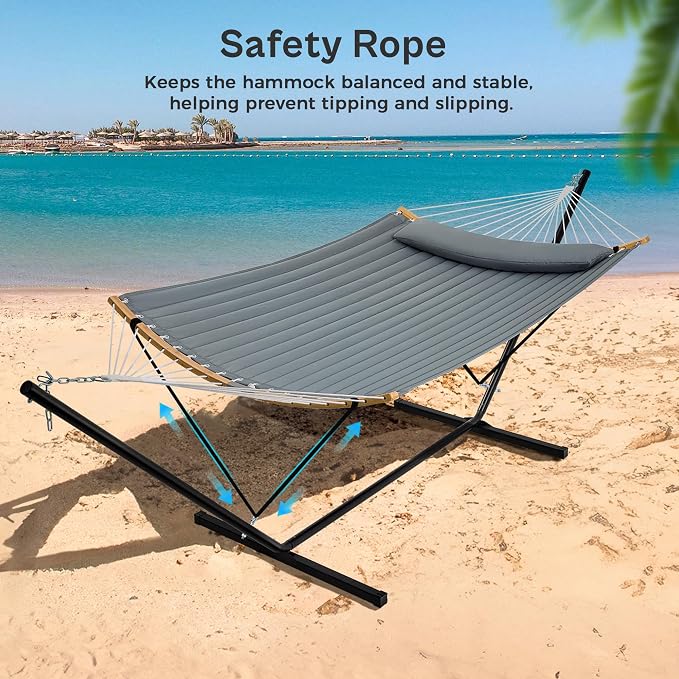 SUPERJARE Hammock with Stand, 2 Person Heavy Duty Hammock with Padded Cotton, Detachable Pillow & Strong Curved-Bar & Portable Carrying Bag, Perfect for Outdoor & Indoor, Neutral Gray - Image 4