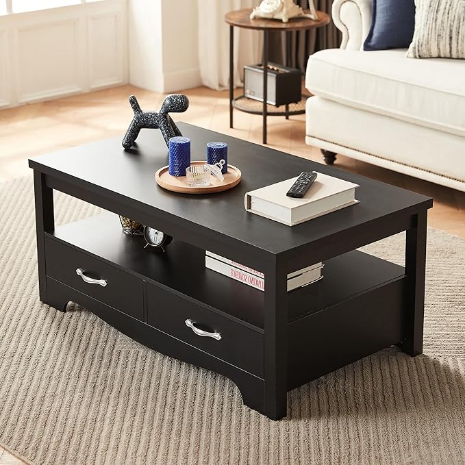 LINSY Farmhouse Coffee Table, Rectangle Coffee Table with Drawers, Rustic Wooden Coffee Tables with Storage, Center Table for Living Room, Apartment, Office, Black