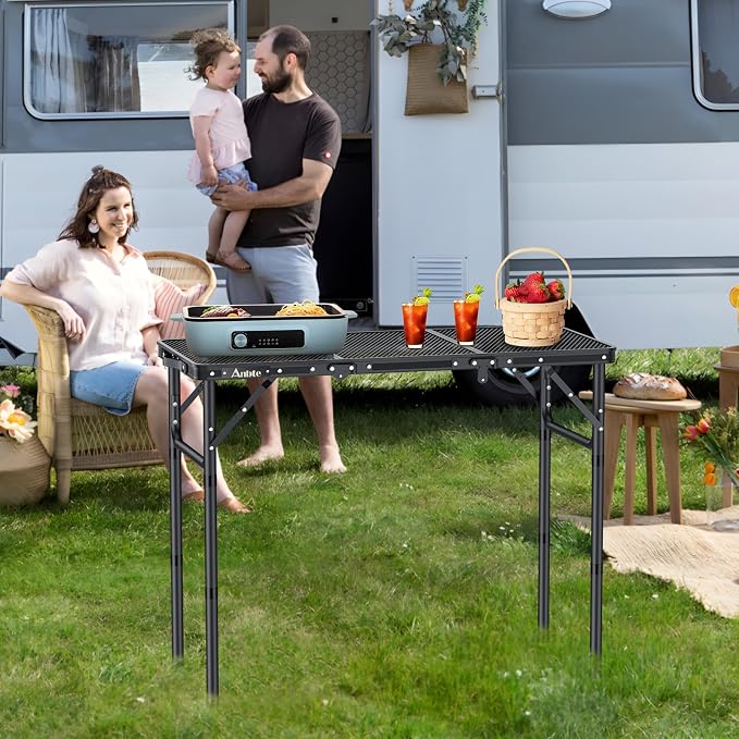 Anbte Folding Grill Table, 3ft Tri-Fold Aluminum Folding Table Adjustable Height Max 27.5" Grill Table with Mesh Desktop, Lightweight, Portable Handle for Outdoor Cooking BBQ Picnic (Black) - Image 8
