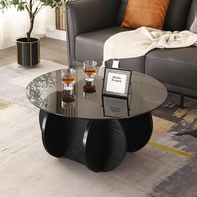 Black Coffee Table, 31.5" Round Glass Coffee Table for Living Room Mid Century Modern Coffee Table Unique Circle Center Table with Wood Base