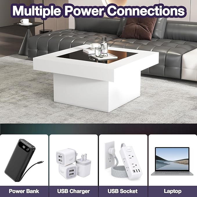 FKWin Modern Coffee Table for Living Room - 31” Endless Depth Mirror Center Table with Led Lights, Unique Square Coffee Table with Tempered Glass-Top, White