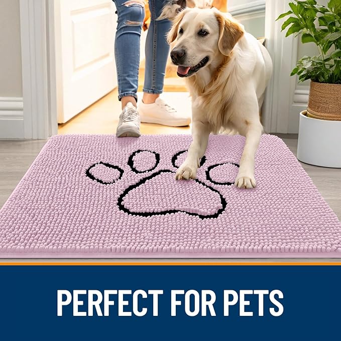 OLANLY Dog Door Mat for Muddy Paws 36x24, Paw Print Design, Absorbs Moisture and Dirt, Non-Slip Washable Doormat, Quick Dry Chenille Mud Mat for Dogs, Entry Indoor Entryway Carpet, Dusty Rose - Image 6