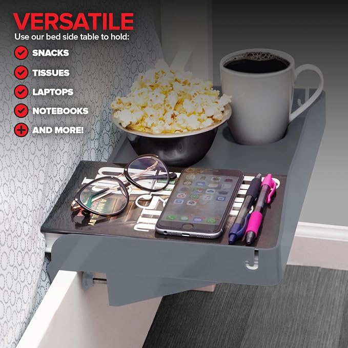 Modern Innovations Bedside Shelf for Bed, College Dorm Room, Bunk Bed Shelf for Top Bunk, Clip On Nightstand Tray with Cord and Cup Holder, Bunkbed Caddy for Table Storage (Dark Gray) - Image 7