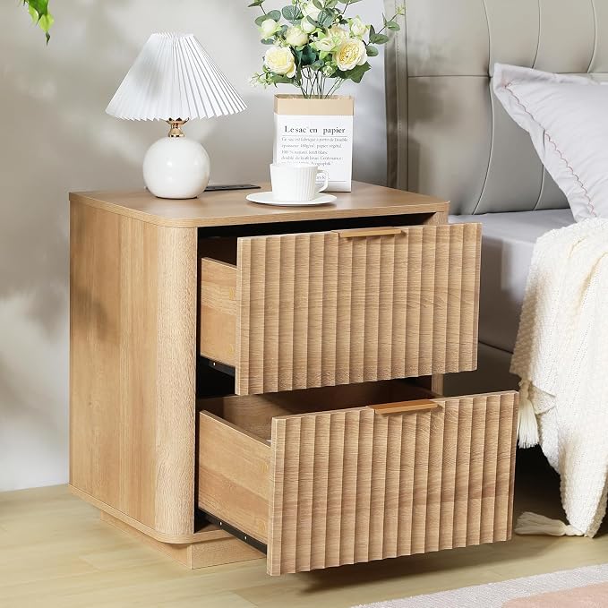 Fluted Nightstand with Charging Station, 23" Night Stands with 2 Drawers, Wood End Table with Storage, Oak Bedside Cabinet for Bedroom - Image 7
