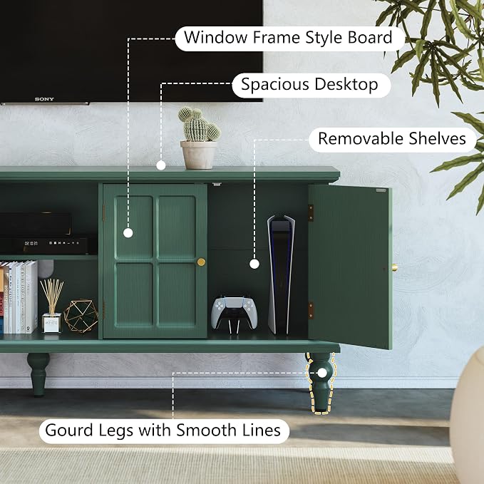 3More 67" Mid Century Modern TV Stand with Window Design,Wood Entertainment Center with Open Shelf,Up to 70" Media TV for Living Room or Bedroom,Green - Image 5