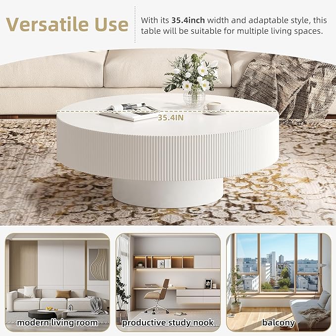 Merax Modern 35.4 Inch Round Large Coffee Table with Sturdy Base, Wood Center Table with 6.8" Thick Tabletop for Living Room Reception Room, Easy Assemble, White