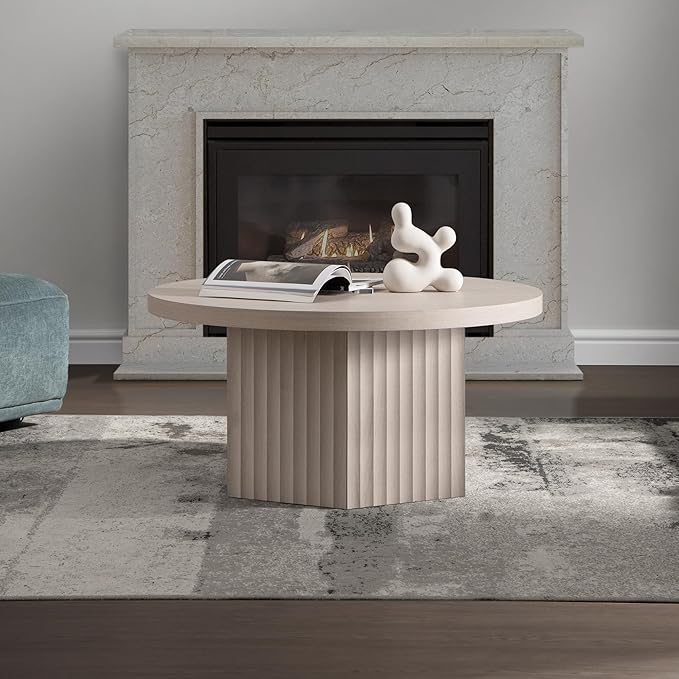 SICOTAS 32" Modern Round Coffee Table, Mid Century Fluted Coffee Table with Storage, Accent Center Table for Living Room, Small Space, Apartment, White Alder