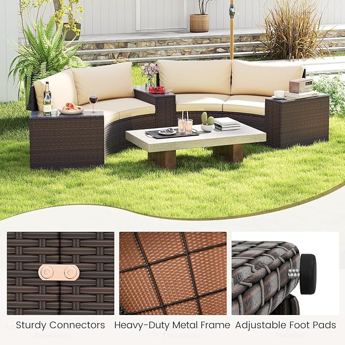 Tangkula 5 Pieces Patio Furniture Set, PE Rattan Half-Moon Curved Sectional Sofas with Tempered Glass Top Side Tables, Outdoor Conversation Set for Porch, Backyard & Poolside (Beige)