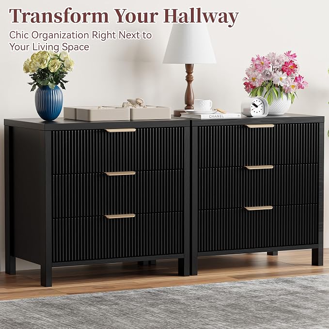 Fluted Nightstand, 23.7'' Wide Night Stand with 3 Drawers, Mid-Century Modern Bedside Table with Handles, Wood End Table for Bedroom, Black - Image 4