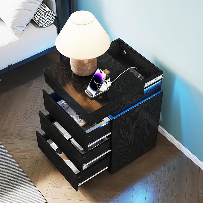 Black Nightstand with Charging Station and LED Light,27'' Tall Night Stand with Sliding Top for Bedroom, Bedside Table with 3 Drawers, Modern End Side Table for Living Room - Image 9