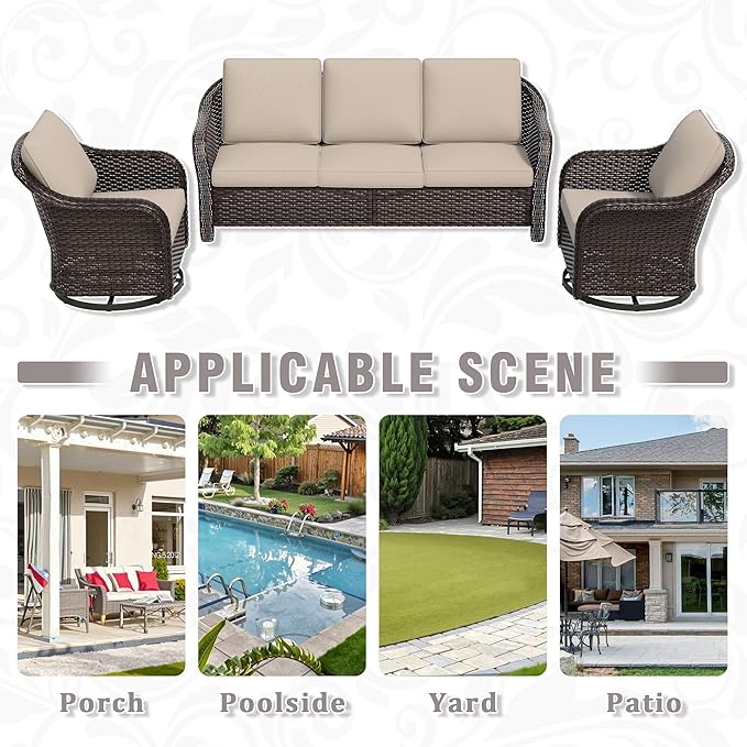 3 Piece Patio Wicker Conversation Set, All-Weather Use Outdoor Wicker Sofa with 2 PE Rattan 360 Swivel Chair, Ideal for Porch, Backyard, Balcony, Poolside, Beige