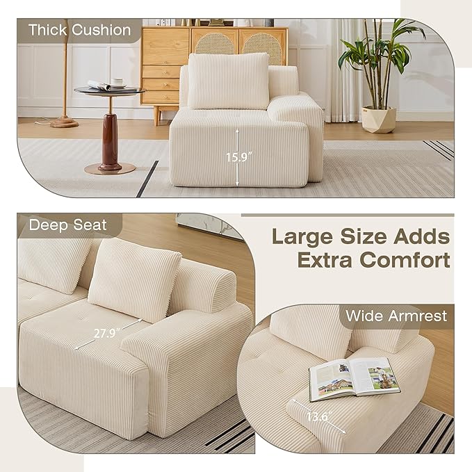 Modular Sectional Sofa, Boneless Couches for Living Room, Corduroy Couch, Big Comfy Couch, Modular Cloud Sofa with Deep Seat (White, 1 Piece-Right Armchair)