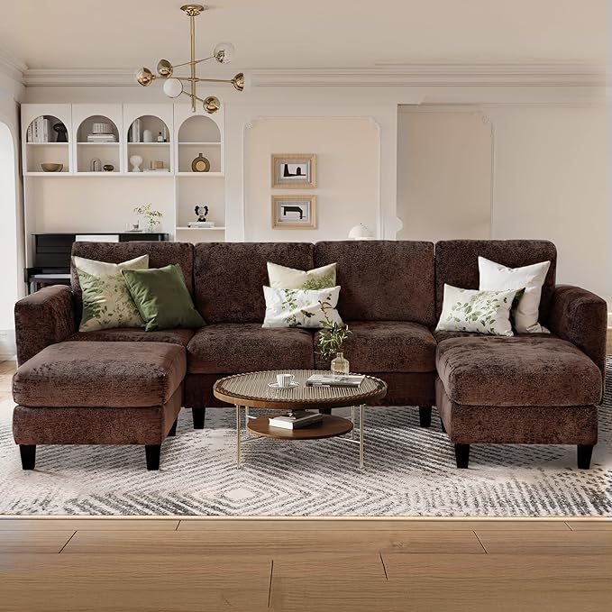 118" Sectional U-Shaped Cloud Couch, Modular Modern 4-Seat Sofa, with USB Type C Ports, Foldable Side Table and 2 Ottomans, for Home Living Room, Brown