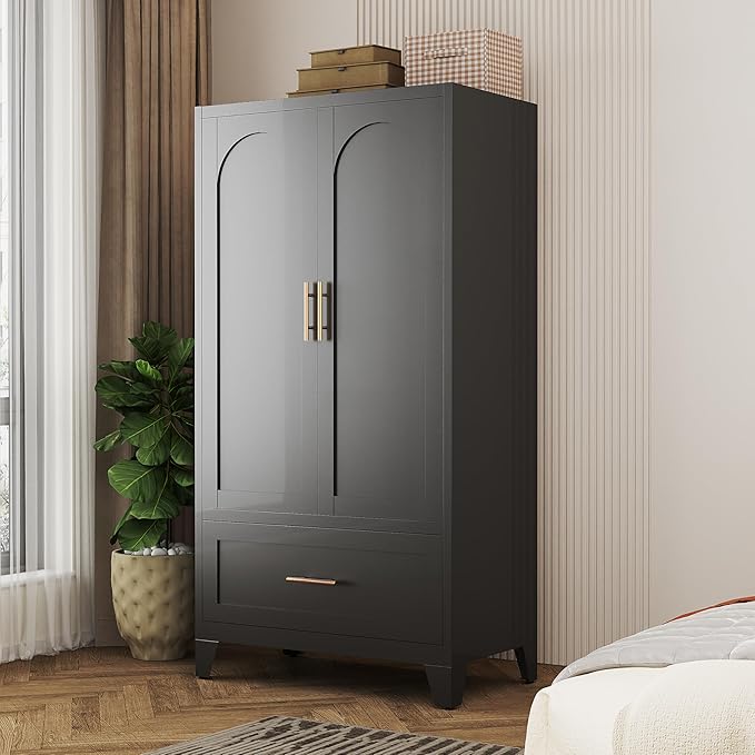 60" Metal Armoire Wardrobe Closet with 1 Drawer, Freestanding Arched 2-Door Tall Clothing Storage with Adjustable Shelves and Hanging Rod for Bedroom Dorm, Black