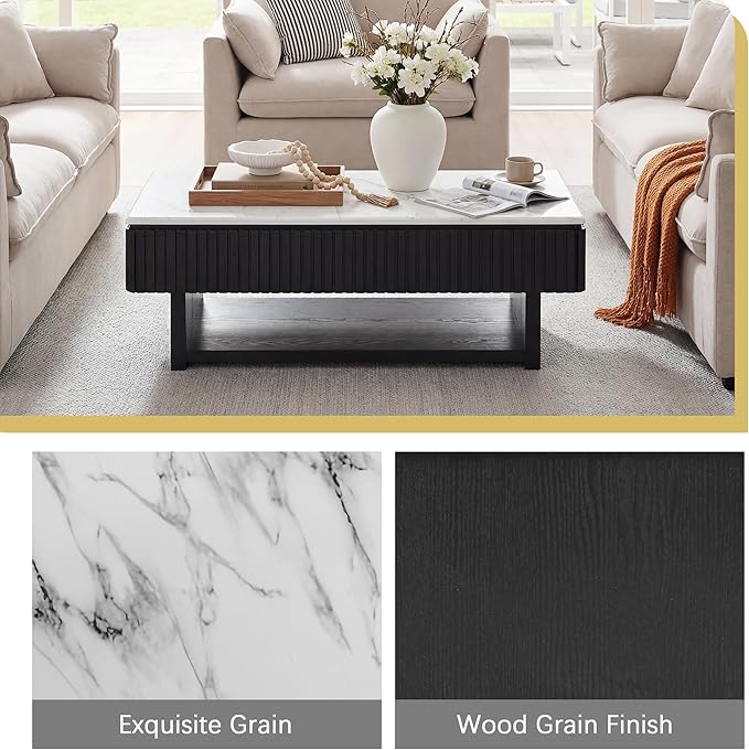 47.4" Rectangle Lift Top Coffee Table with Drawer & Hidden Storage, Modern Fluted Coffee Table with Marble-Pattern Top & Solid Wood Strips, Center Table for Living Room Apartment,Black & White