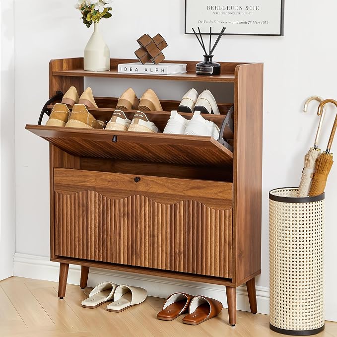 BERRYMERRY 31.5" Fluted Shoe Storage Cabinet with 2 Flip Drawers, Narrow Shoe Storage Organizer Rack with Wave Door for Entryway, Hallway, Living Room - Image 6