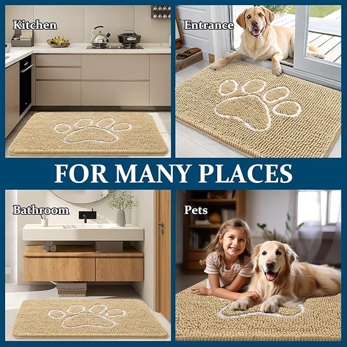 OLANLY Dog Door Mat for Muddy Paws 40x32, Paw Print Design, Absorbs Moisture and Dirt, Absorbent Non-Slip Washable Doormat, Quick Dry Chenille Mud Mat for Dogs, Entry Indoor Entryway Carpet, Beige - Image 8