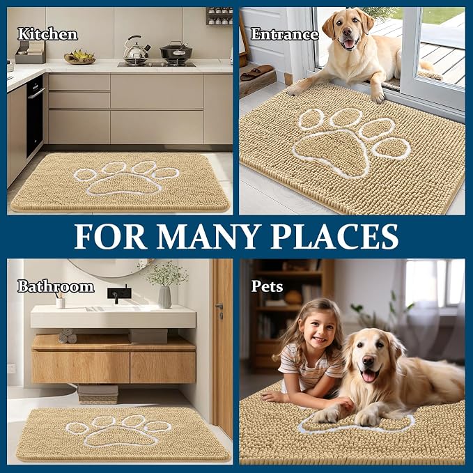OLANLY Dog Door Mat for Muddy Paws 47x24, Paw Print Design, Absorbs Moisture and Dirt, Absorbent Non-Slip Washable Doormat, Quick Dry Chenille Mud Mat for Dogs, Entry Indoor Entryway Carpet, Beige - Image 8