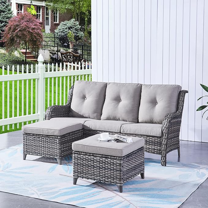 HUMMUH 6 Piece Patio Furniture Set PE Wicker Rattan 3-Seat Outdoor Sectional Sofa with Love Seats,Patio Swivel Chairs,Ottomans Conversation Sets for Garden, Poolside, Backyard