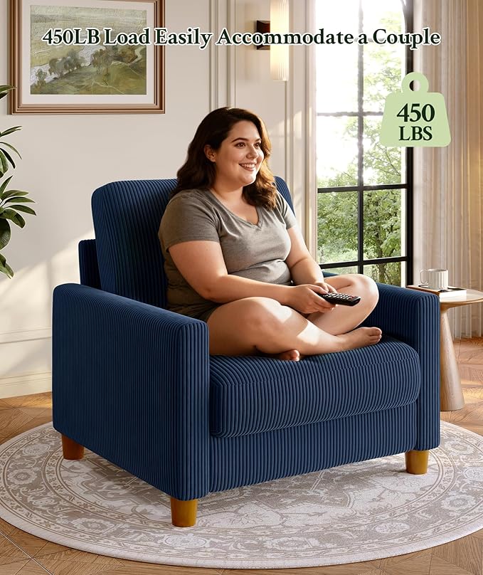 35.3" Couches for Living Room, Comfy Blue Couch Single with 22.5" Deeper Seat, Accent Chair Tool-Free Setup, Reading Chair 440lbs Support, Corduroy Couch for Bedroom, Apartment, Office