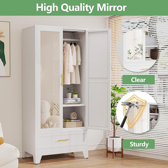 Ckzbx 71" H Metal Armoire Wardrobe Closet with Mirror, Adjustable Shelve, Clothes Metal Wardrobe Cabinet for Bedroom (1 Drawer, White)