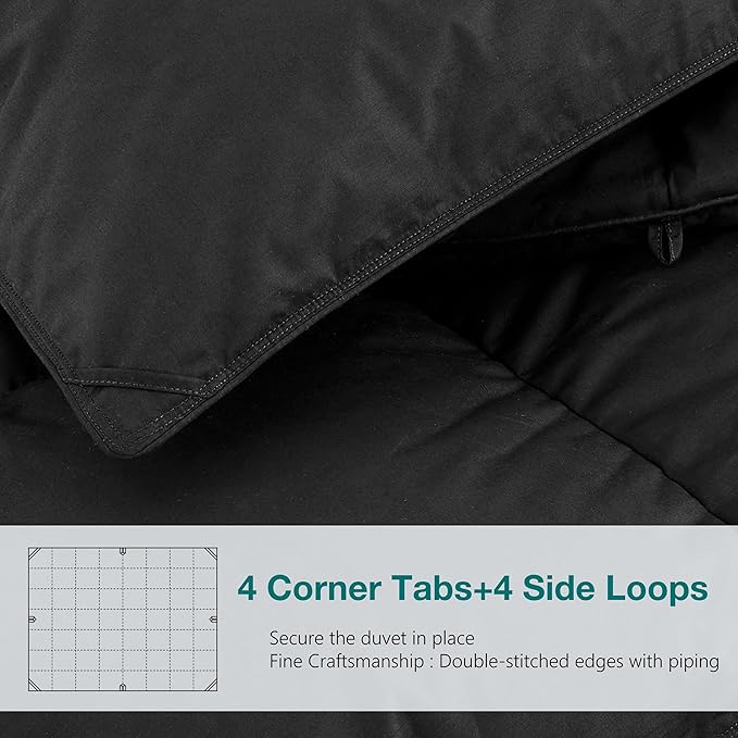 KAKABELL Pinch Pleat Goose Down Feathers Fiber Comforter Palatial King Size All Season-Ultra Soft and Cozy Noiseless Duvet Insert with Egyptian Cotton Blend Cover,Fluffy Warm Comforter Black,120"X98"