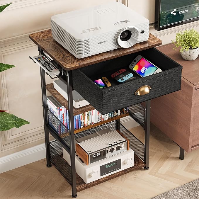 Hongtamoya 4-Tier AV Media Stand with Drawer, Video Game Console Shelf with 2 Hooks, Audio Rack Tower Perfect for/Xbox/ PS5/Switch/Game Consoles/DVD/Record Player/Projector/Sky Box/TV Accessories - Image 8