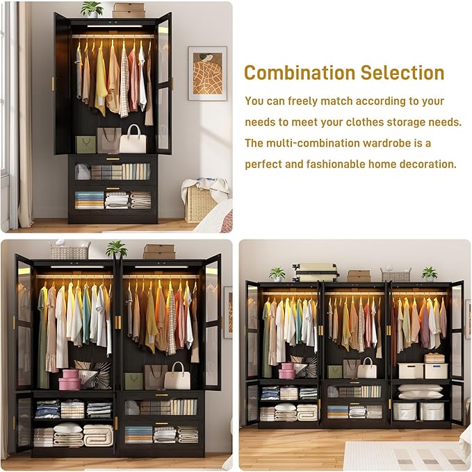 6 Doors Armoire Wardrobe Closet with LED and Mirror,71" H Freestanding Wooden Wardrobe Closet Cabinet for Bedroom w 2 Drawers,Wooden Clothing Storage Cabinet w Hanging Rod,Closets for Bedroom(Black)