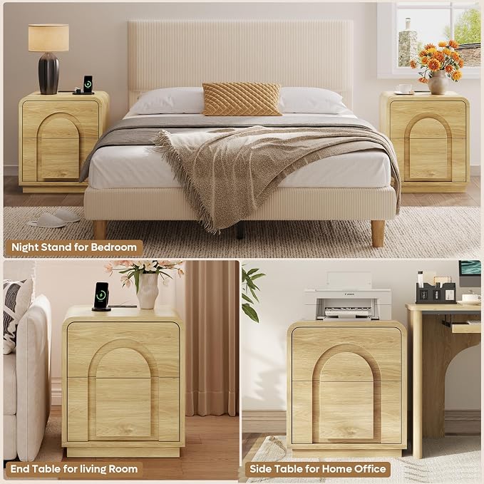 Bestier Night Stand Set 2, 23.6" Farmhouse Nightstand with Charger Station, Mid Century Modern Bedside Table with 2 Drawers, Arch Doors & Rounded Nightstand, End Tables for Bedroom, Natural Oak - Image 5