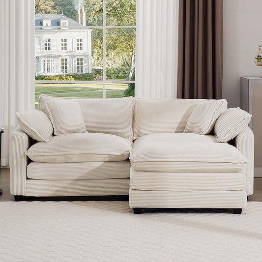 KEIKI 80" L-Shaped Oversized Corduroy Modular Sectional Loveseat Sofa with 1 Ottoman, High-Density Foam Cushions, Removable Armrests, Upholstered 2-Seater Couch with 4 Pillow, for Living Room, Beige