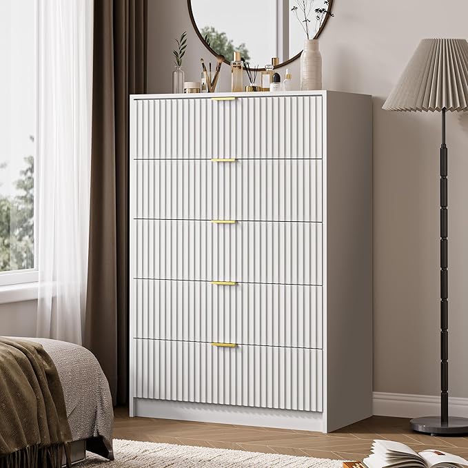 MAISONARIA 3-Piece Dresser Bedroom Set, 5 Drawer Dresser & 2 Drawer Nightstands with Gold Handles, Fluted Wood Chest of Drawers for Bedroom, Living Room, Entryway, White