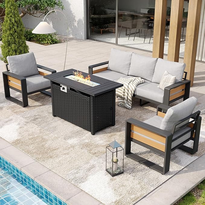 Aoxun Aluminum Patio Furniture Set with Fire Pit Table, 5 Seats Luxury Outdoor Sectional with 6" Olefin Fabric Cushions, Patio Conversation Sets with Outdoor Sofas for Backyard, Deck Light Grey
