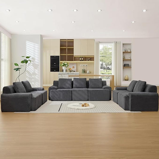Modular Sectional Sofa, Boneless Couches for Living Room, Corduroy Couch, Big Comfy Couch, Modular Cloud Sofa with Deep Seat (Grey, 7 Pieces-Rowshape 3 Side)