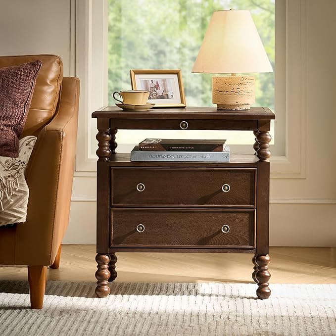 HULALA HOME 26" End Table with Charging Station, Transitional 2 Drawer Wood Endtable with Pull-Out Shelf and Open Storage Space, Large Side Table with Solid Wood Spindle Legs, Walnut by HULALAHOME