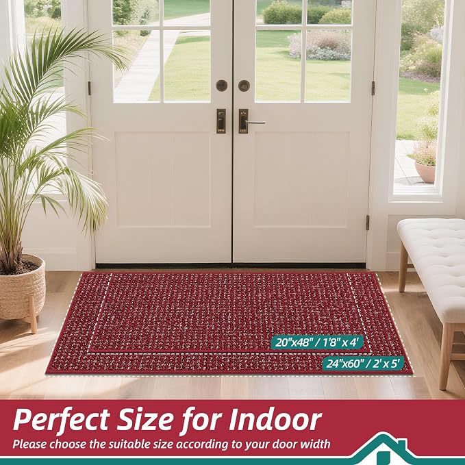 BEQHAUSE Dirt Trapper Door Mat 24" x 60", Non-Slip Washable Doormats Entrance Mat, Dirt Resistant and Absorbent Welcome Mat, Low Profile Floor Mats for Front Back Door and Entryway, Red - Image 2
