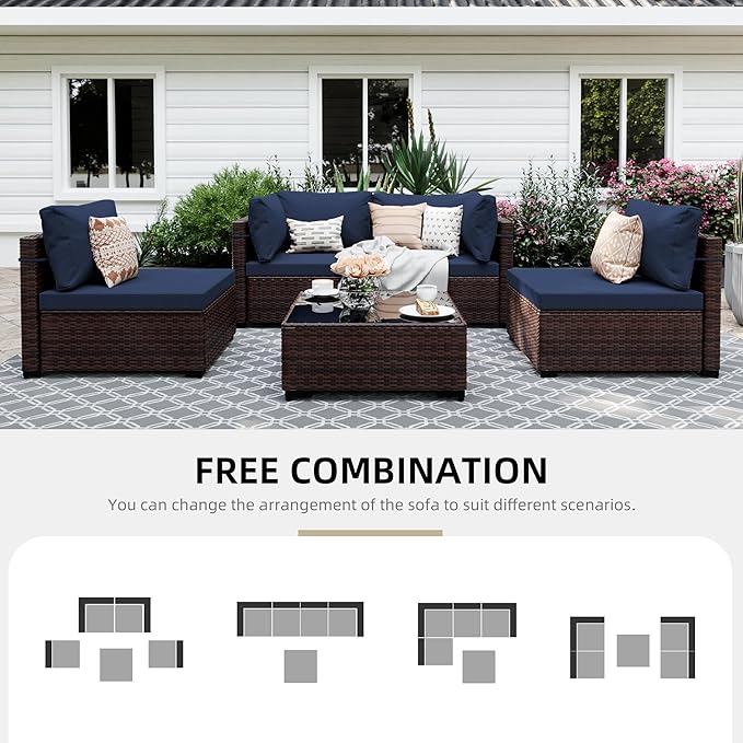 UPHA 5 Pieces Patio Furniture Sets, Wicker Outdoor Sectional Sofa Couch with Coffee Table, Patio Conversation Set for Deck Backyard Garden, Brown Rattan, Navy Blue Cushion