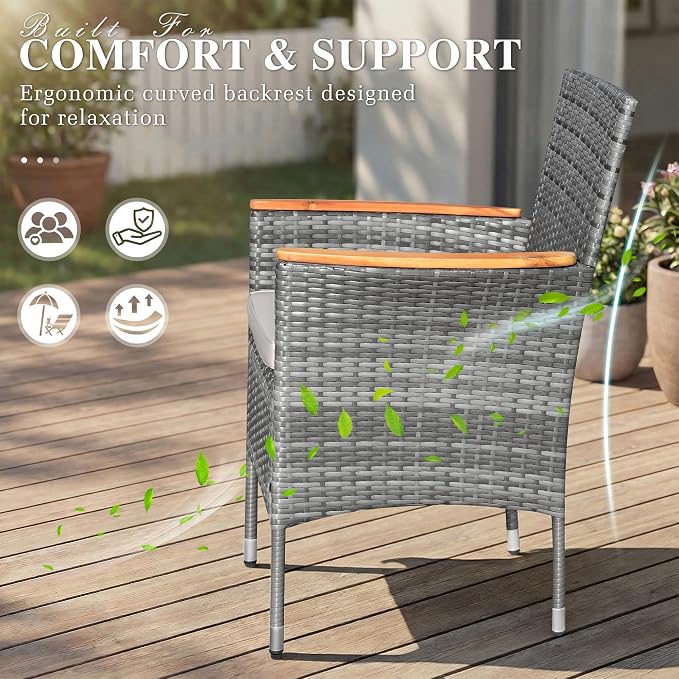 Devoko Outdoor Patio Dining Sets 9 Pieces Wicker Outdoor Dining Table and Chairs Set with Acacia Wood Table Top and Widened Armrests for Backyard, Garden, Deck (Grey) - Image 4